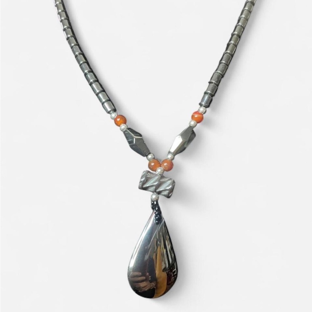 Elegant Silver and Orange Beaded Necklace